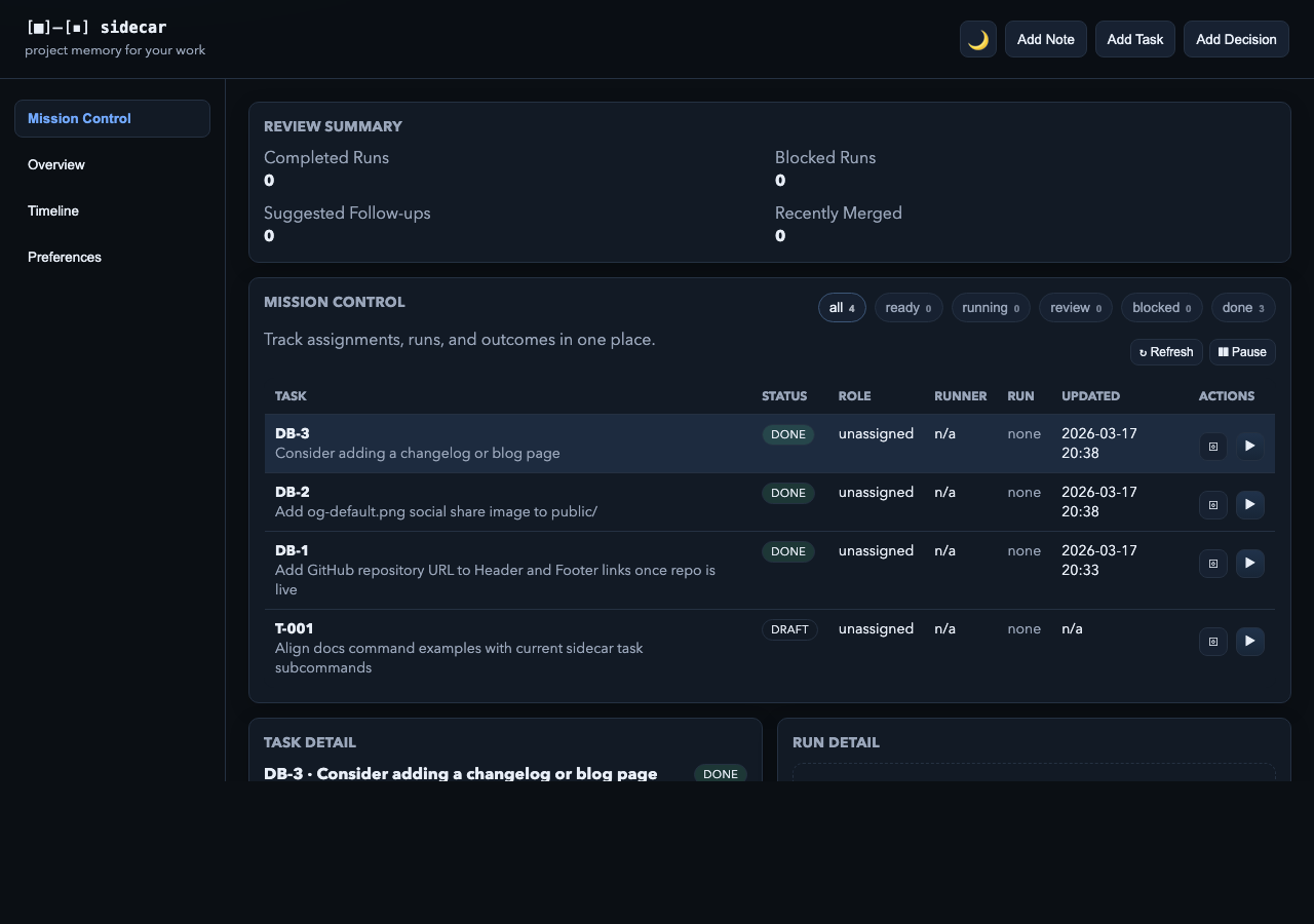 Mission Control view showing the task board with status filters, task rows, and detail panels