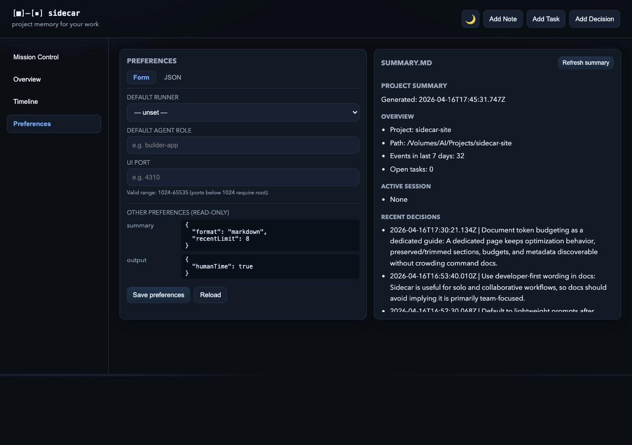 Preferences view showing the form editor for runner and port settings, and the Summary.md panel alongside it