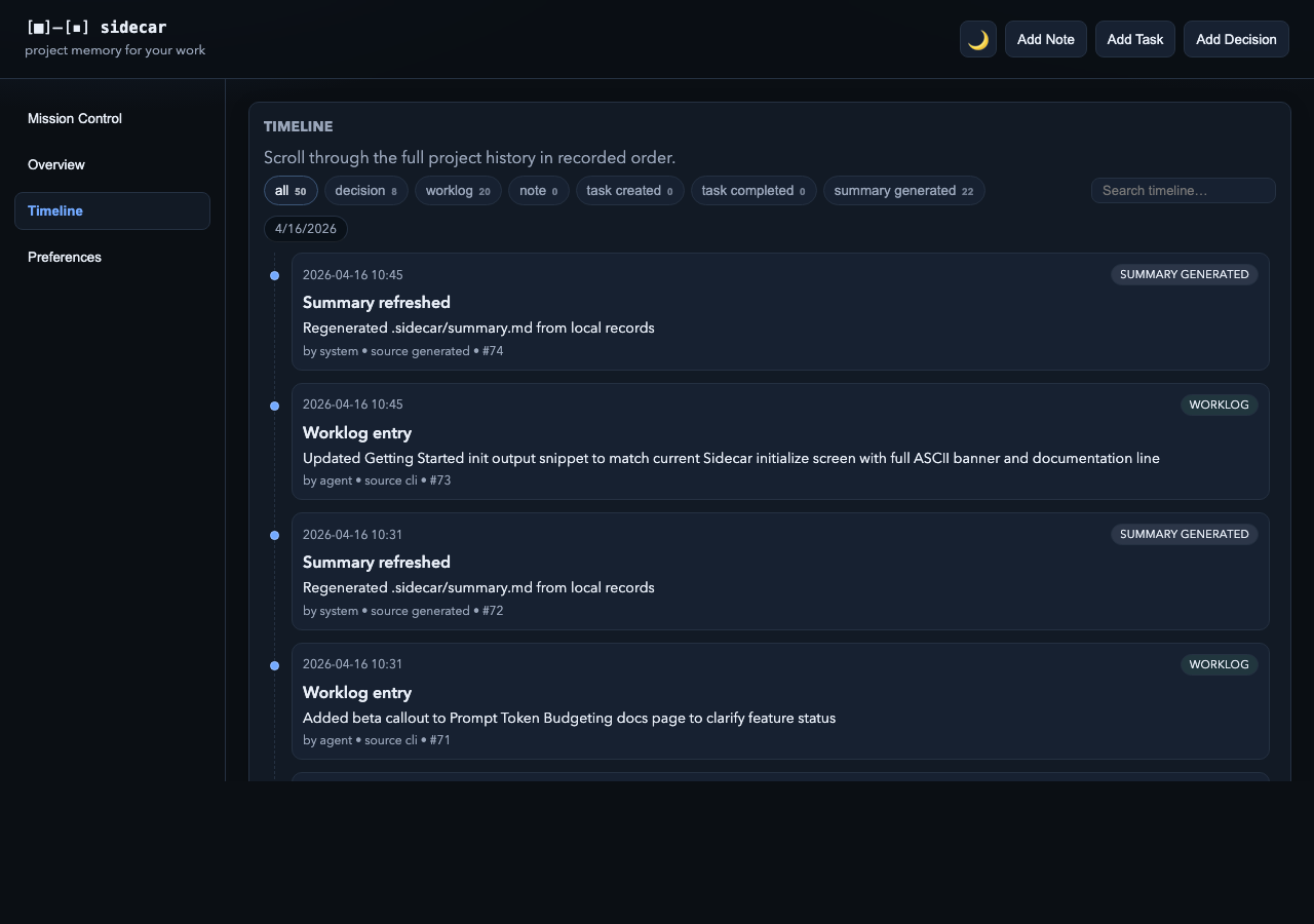 Timeline view showing filter chips, a search box, and a chronological list of project events grouped by date